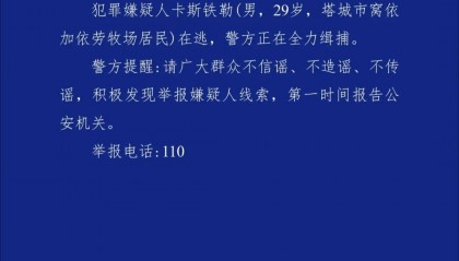 新疆警方通报:卡斯铁勒(男,29岁)在逃,发现请立刻报警