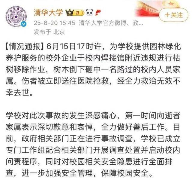 女教授在清华被树砸中后离世 学生：去看望家人时遭遇不幸 对学生很好很受爱戴