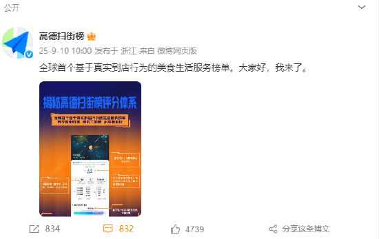 @高德扫街榜 首条官宣微博揭秘评分体系，阿里系官微纷纷留言支持